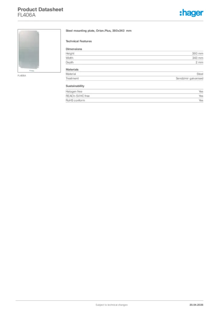 Image Hager Product data sheet FL406A  | Hager Africa