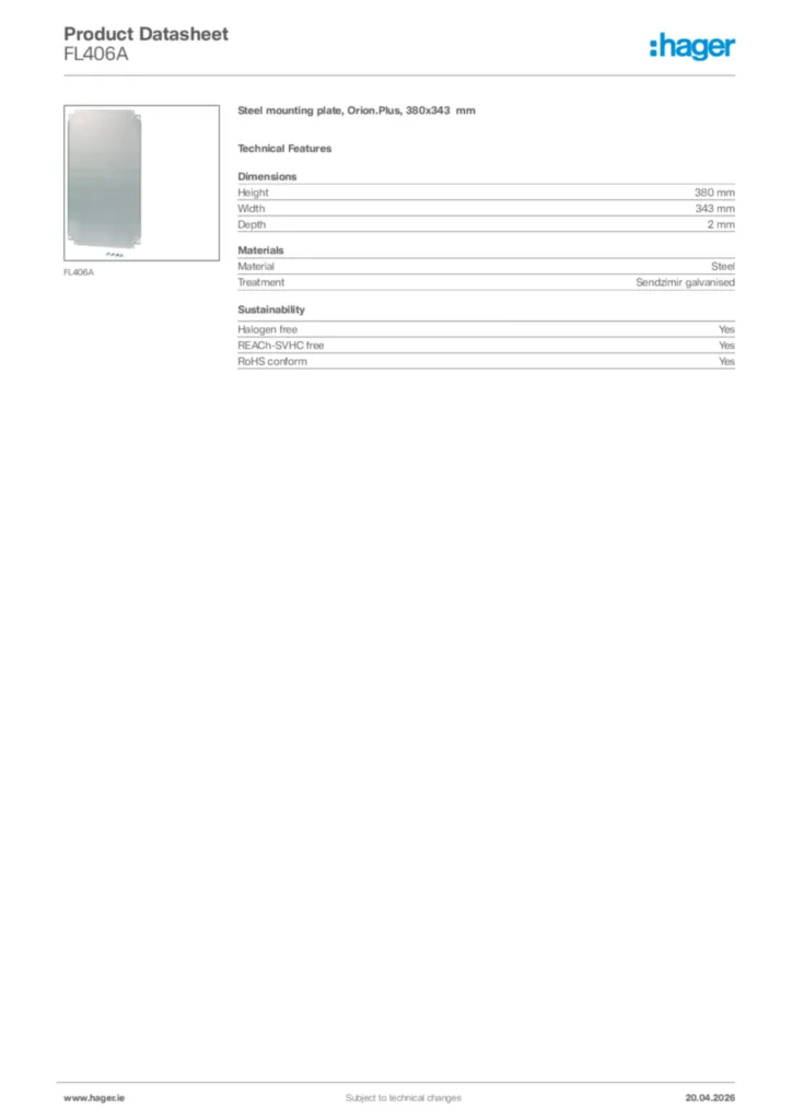 Image Hager Product data sheet FL406A  | Hager
