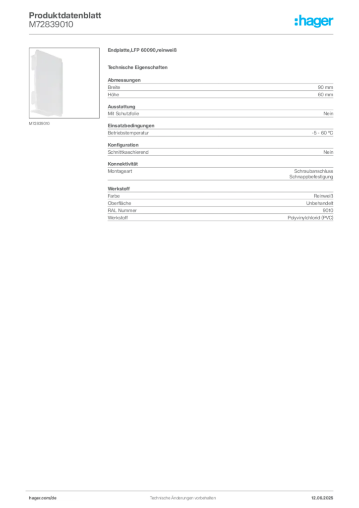 Bild Hager Produktdatenblatt M72839010 | Hager Deutschland
