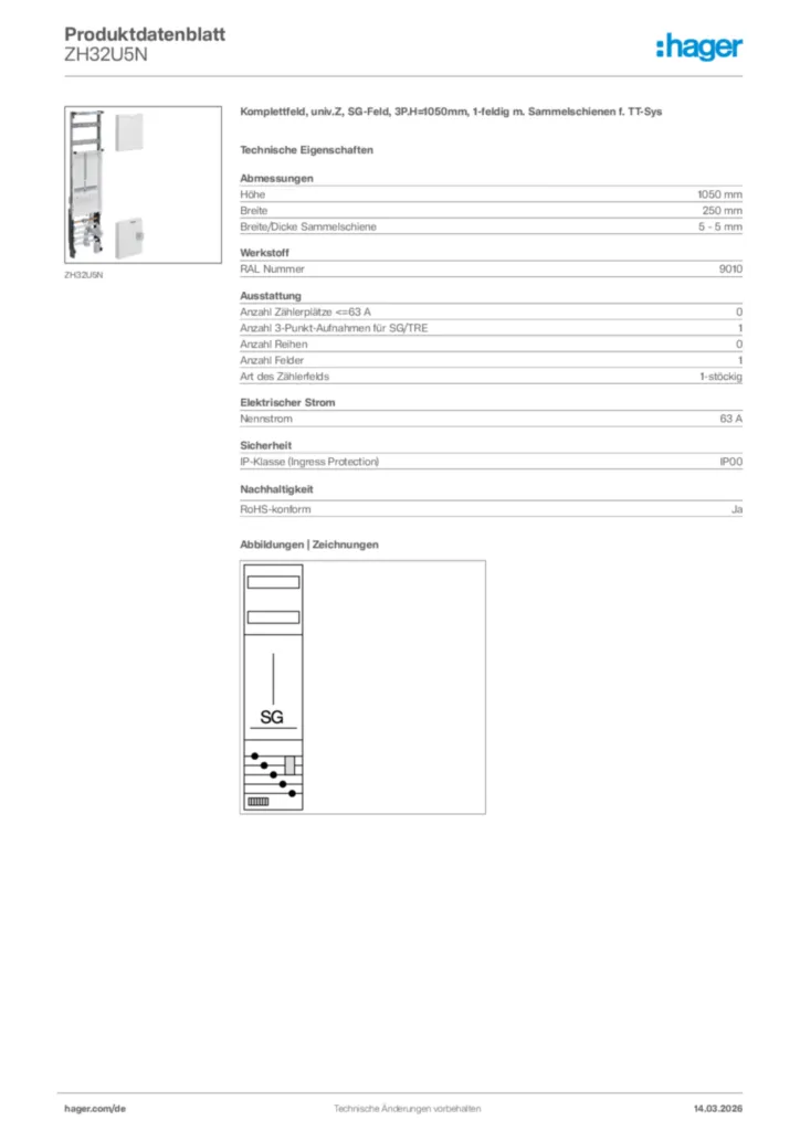 Bild Hager Produktdatenblatt ZH32U5N | Hager Deutschland