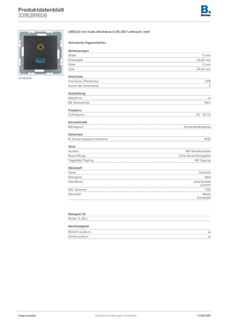 Bild Berker Produktdatenblatt 3315391606 | Hager Deutschland
