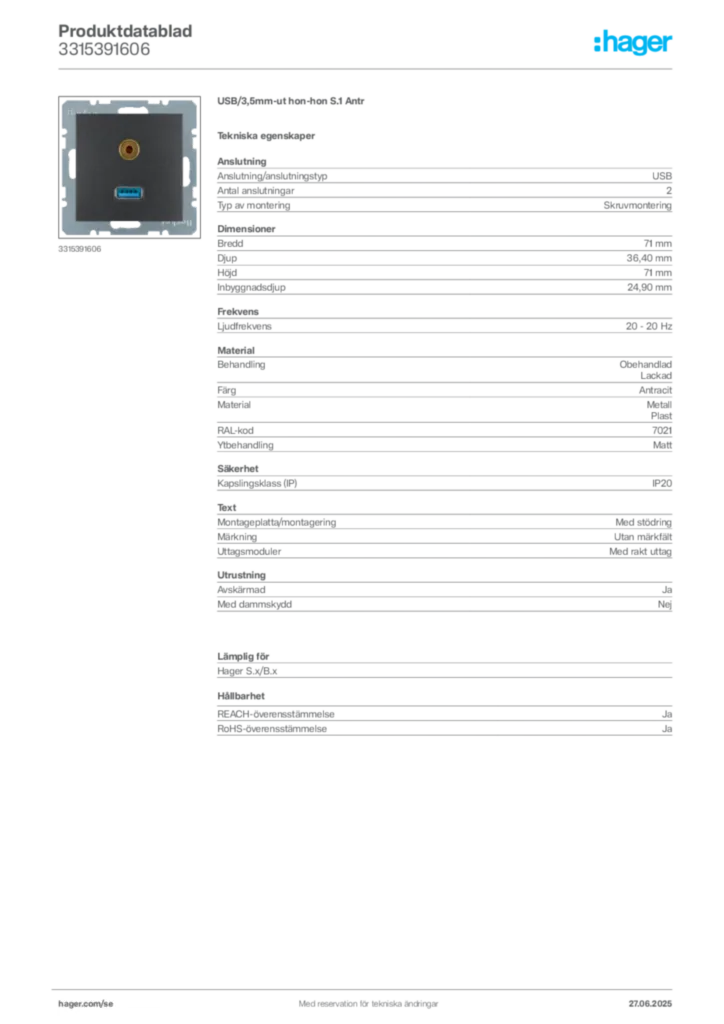 Bild Hager Produktdatablad 3315391606 | Hager Sverige