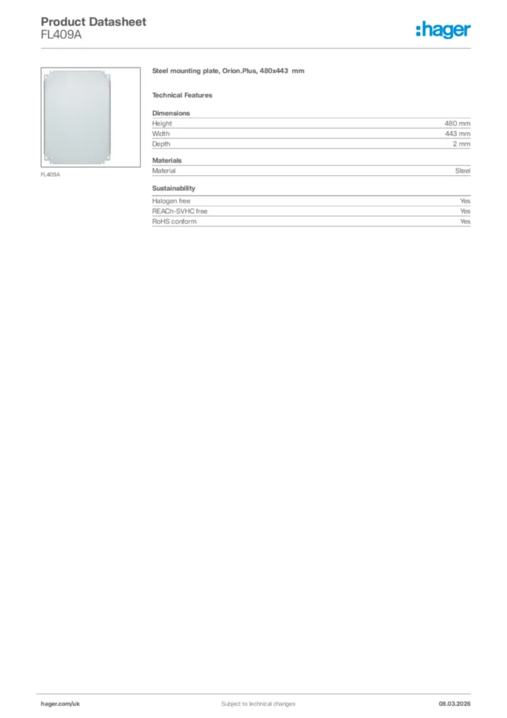 Image Hager Product data sheet FL409A  | Hager