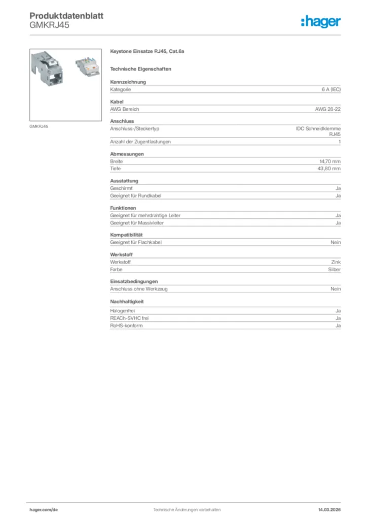 Bild Hager Produktdatenblatt GMKRJ45 | Hager Deutschland