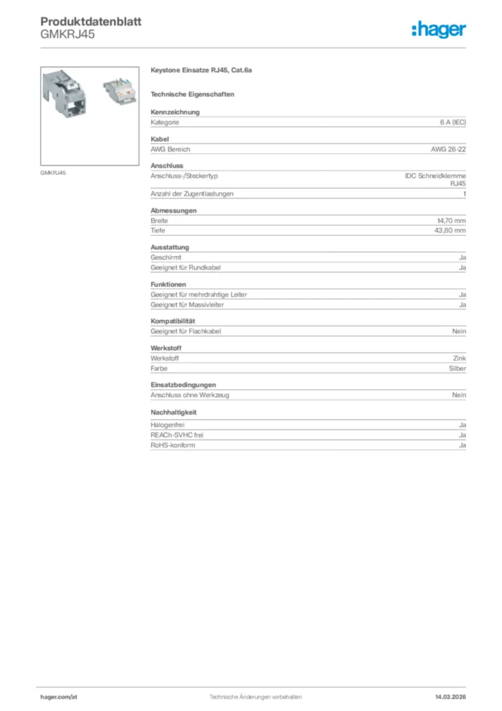 Bild Hager Produktdatenblatt GMKRJ45 | Hager Deutschland