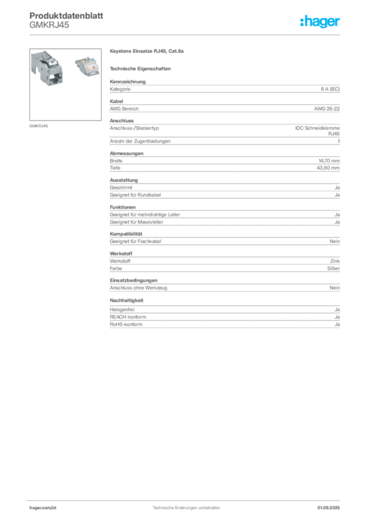 Bild Hager Produktdatenblatt GMKRJ45 | Hager Deutschland