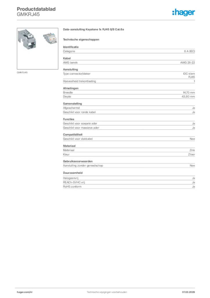 Afbeelding Hager Productdatablad GMKRJ45 | Hager Nederland