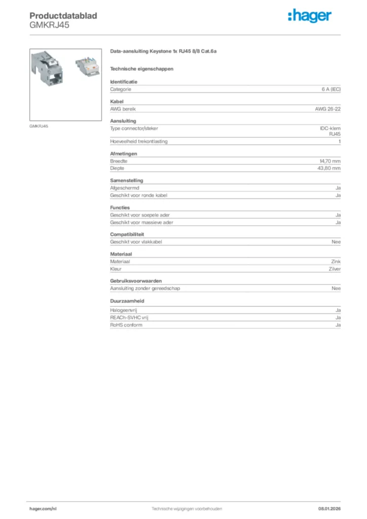 Afbeelding Hager Productdatablad GMKRJ45 | Hager Nederland