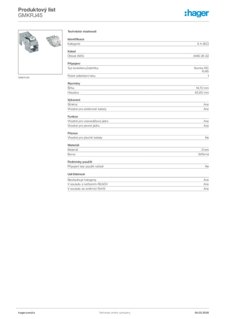 Obrázek Hager Product data sheet GMKRJ45 | Hager