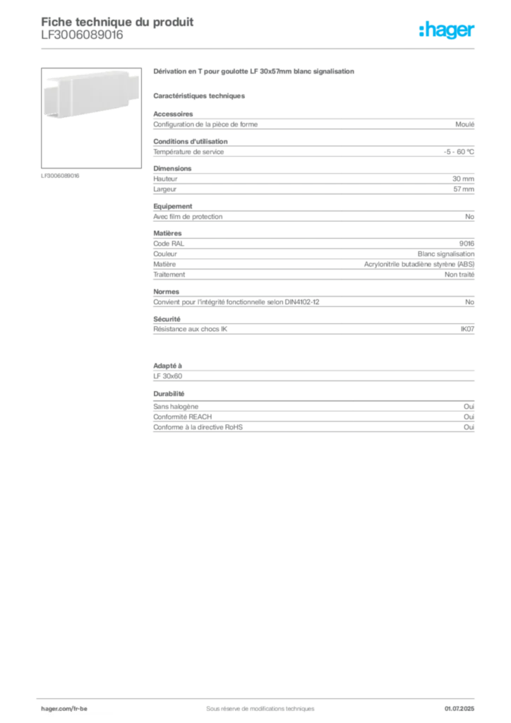 Image Hager Fiche technique du produit LF3006089016 | Hager Belgique