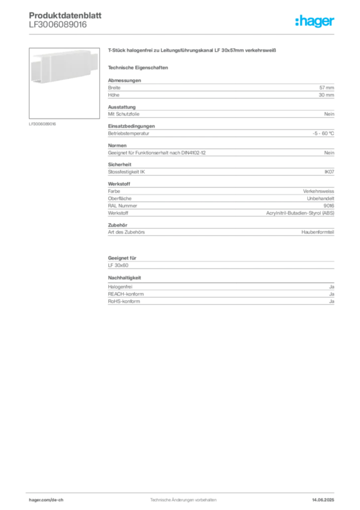 Bild Hager Produktdatenblatt LF3006089016 | Hager Schweiz