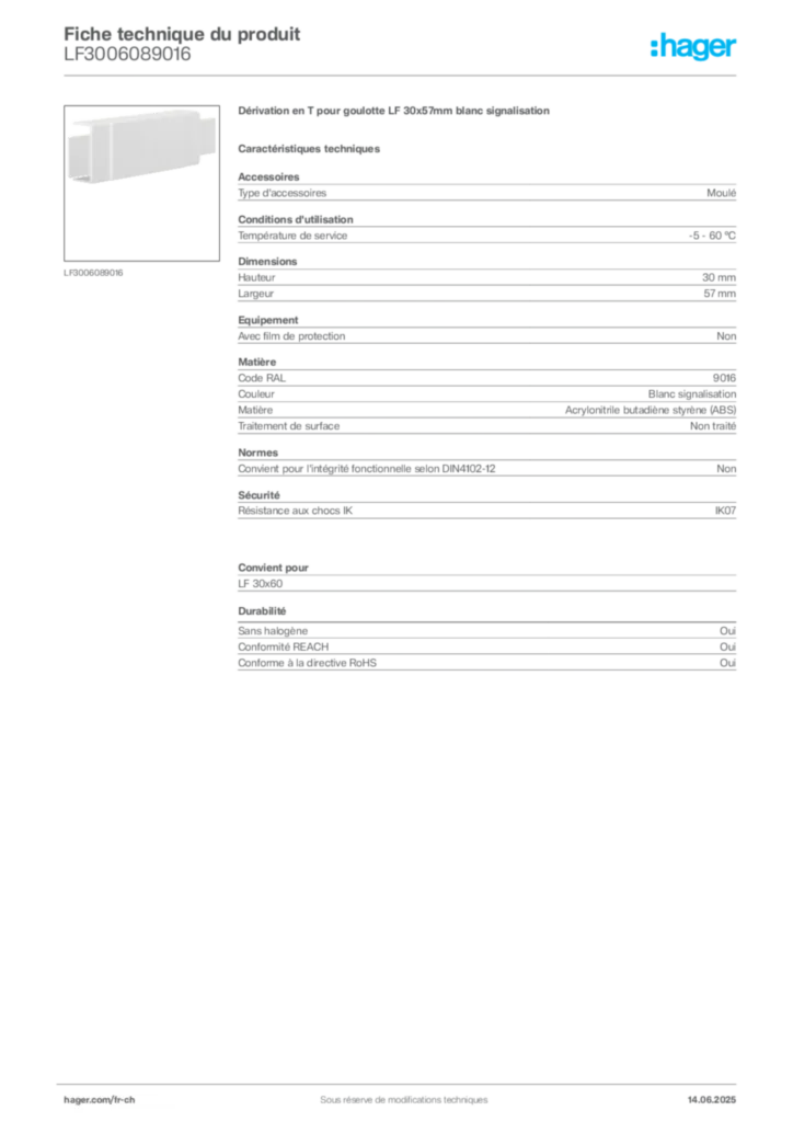 Image Hager Fiche technique du produit LF3006089016 | Hager Suisse
