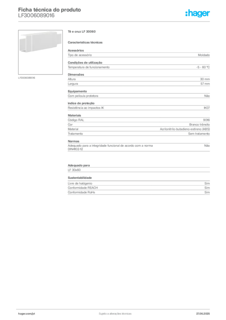 Imagem Hager Ficha técnica do produto LF3006089016 | Hager Portugal