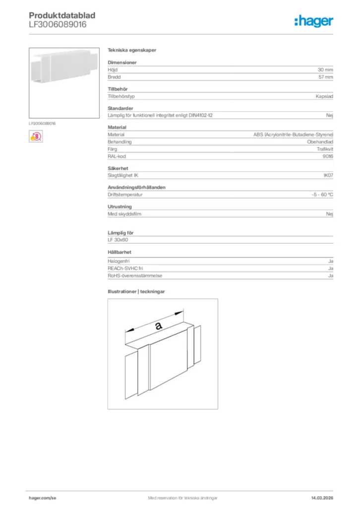 Bild Hager Produktdatablad LF3006089016 | Hager Sverige