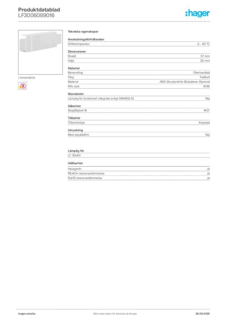 Bild Hager Produktdatablad LF3006089016 | Hager Sverige