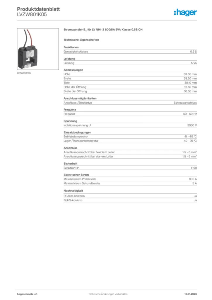 Bild Hager Produktdatenblatt LVZW801K05 | Hager Schweiz