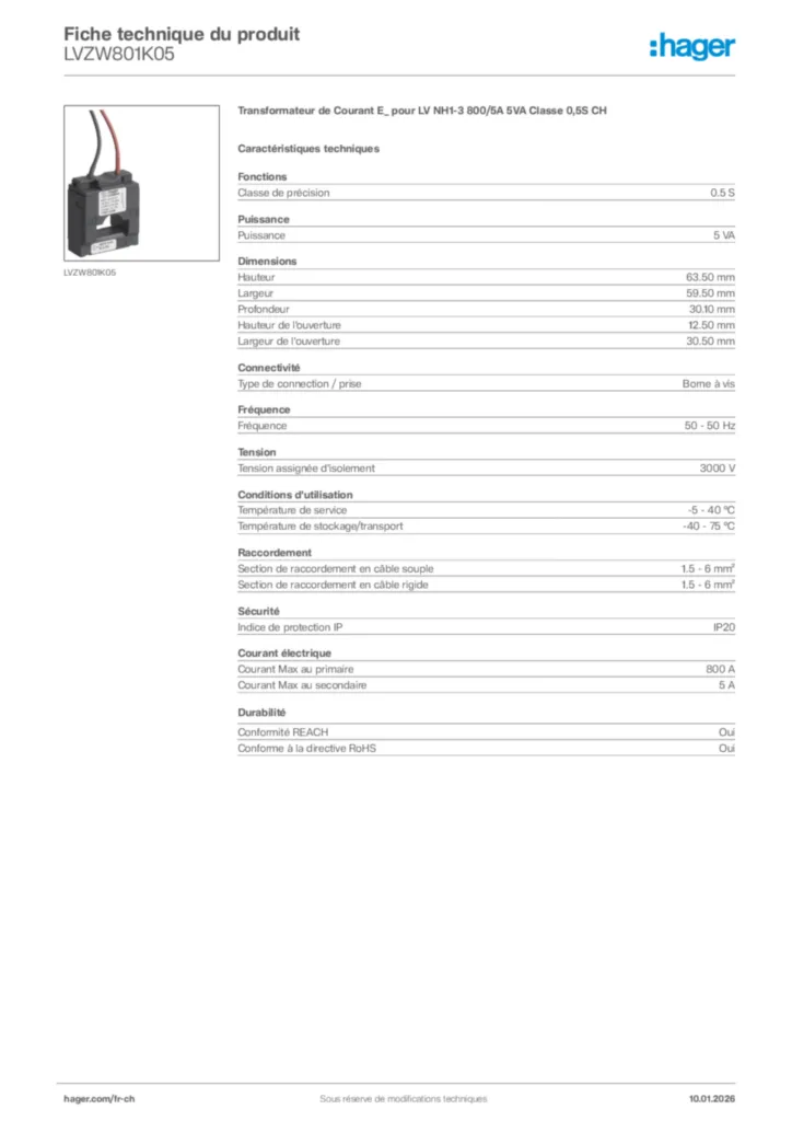 Image Hager Fiche technique du produit LVZW801K05 | Hager Suisse