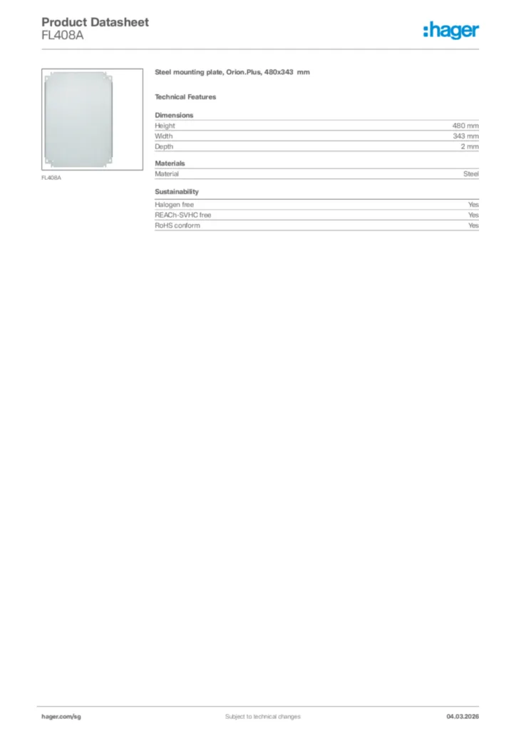 Image Hager Product data sheet FL408A  | Hager