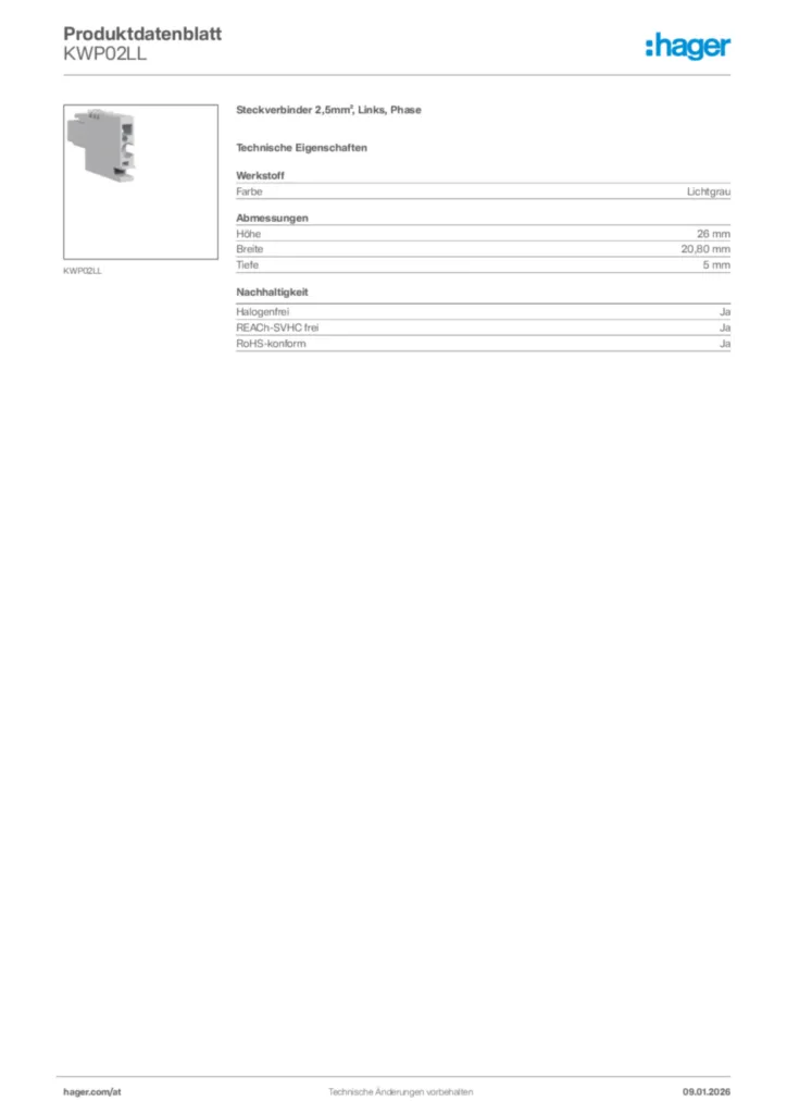 Bild Hager Produktdatenblatt KWP02LL | Hager Deutschland