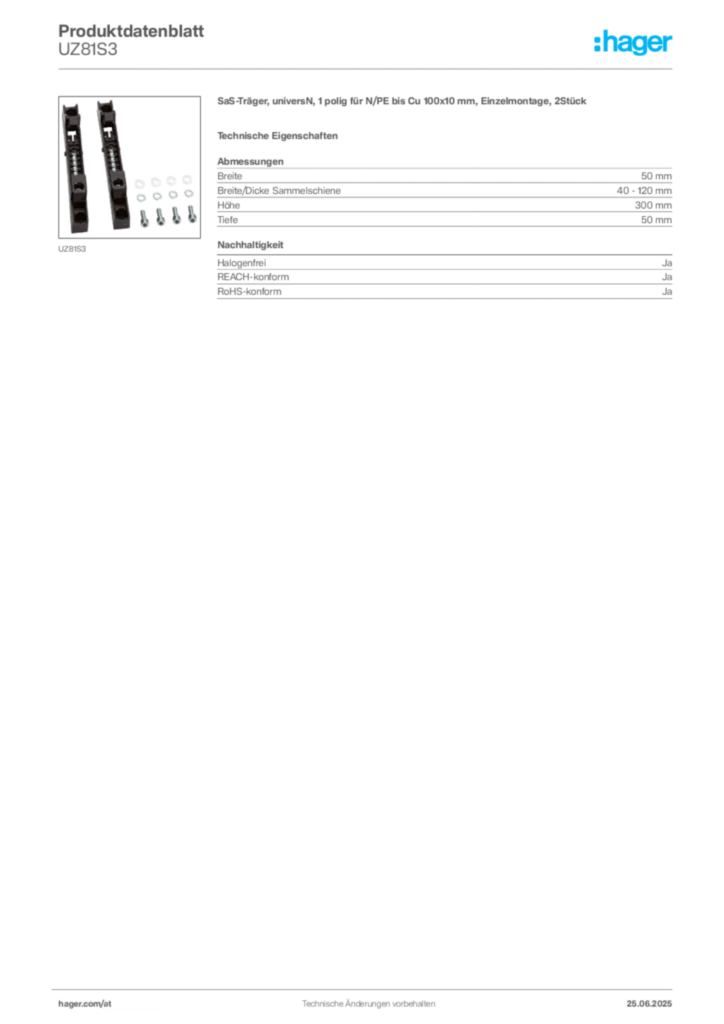 Bild Hager Produktdatenblatt UZ81S3 | Hager Deutschland