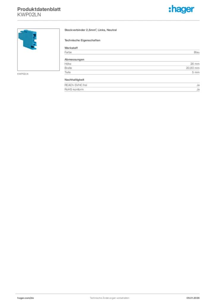 Bild Hager Produktdatenblatt KWP02LN | Hager Deutschland