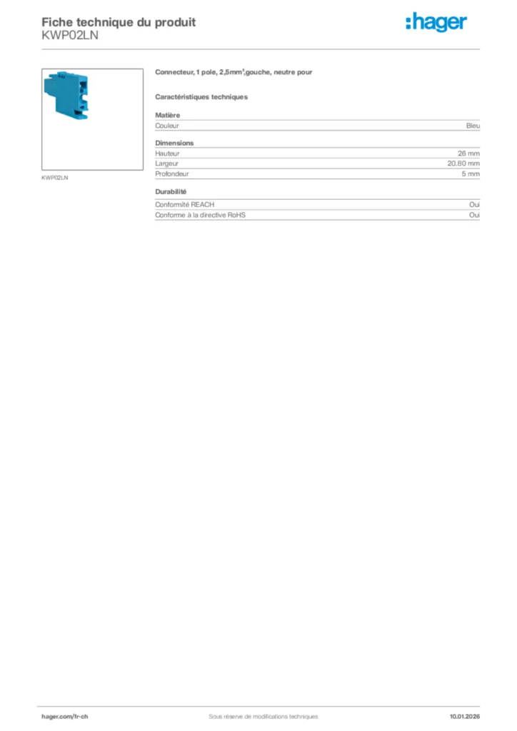 Image Hager Fiche technique du produit KWP02LN | Hager Suisse