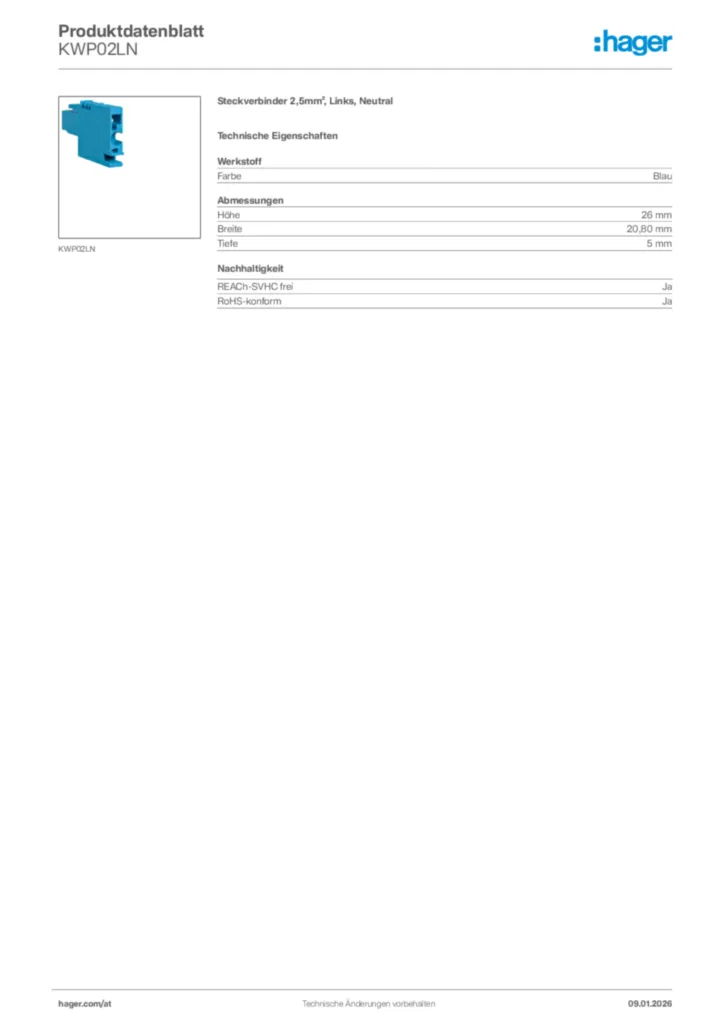 Bild Hager Produktdatenblatt KWP02LN | Hager Deutschland