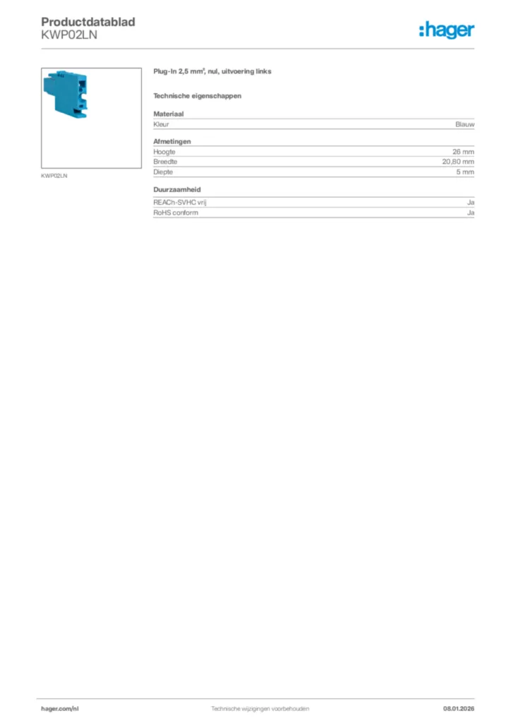 Afbeelding Hager Productdatablad KWP02LN | Hager Nederland