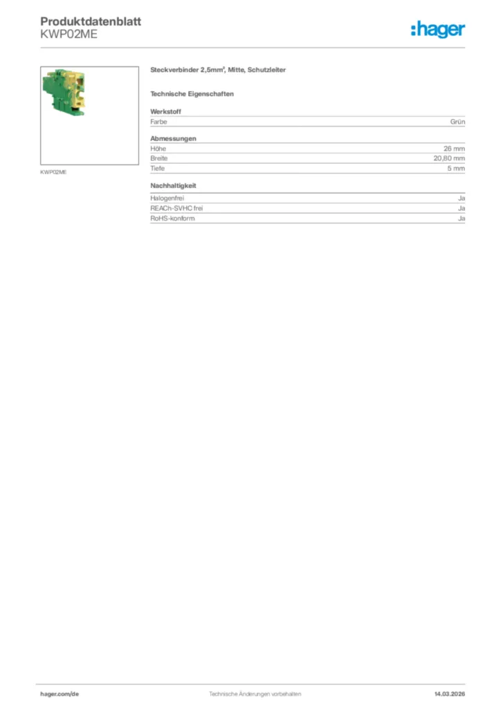 Bild Hager Produktdatenblatt KWP02ME | Hager Deutschland