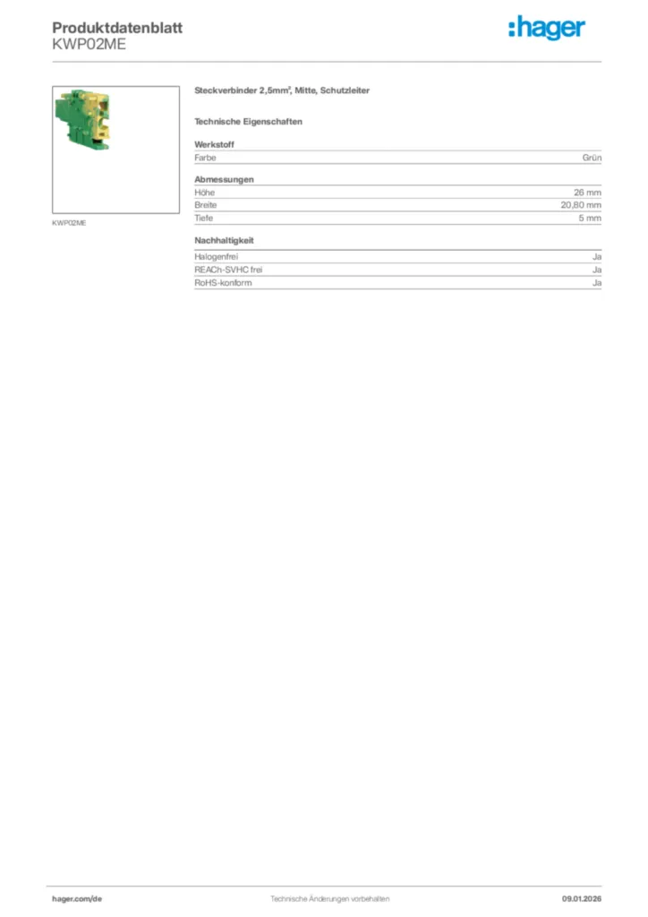 Bild Hager Produktdatenblatt KWP02ME | Hager Deutschland