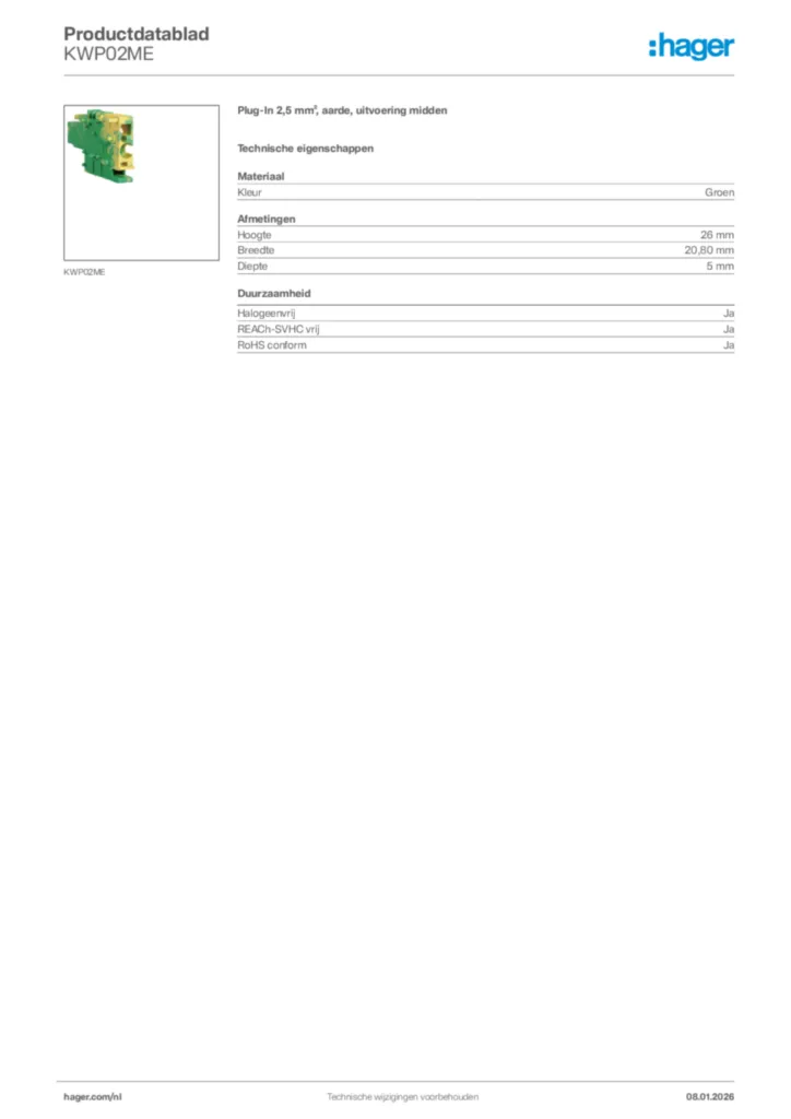 Afbeelding Hager Productdatablad KWP02ME | Hager Nederland
