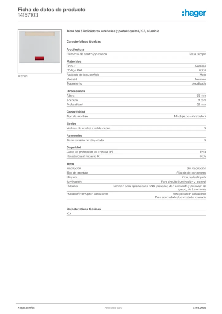 Imagen Hager Ficha de datos de producto 14157103 | Hager España