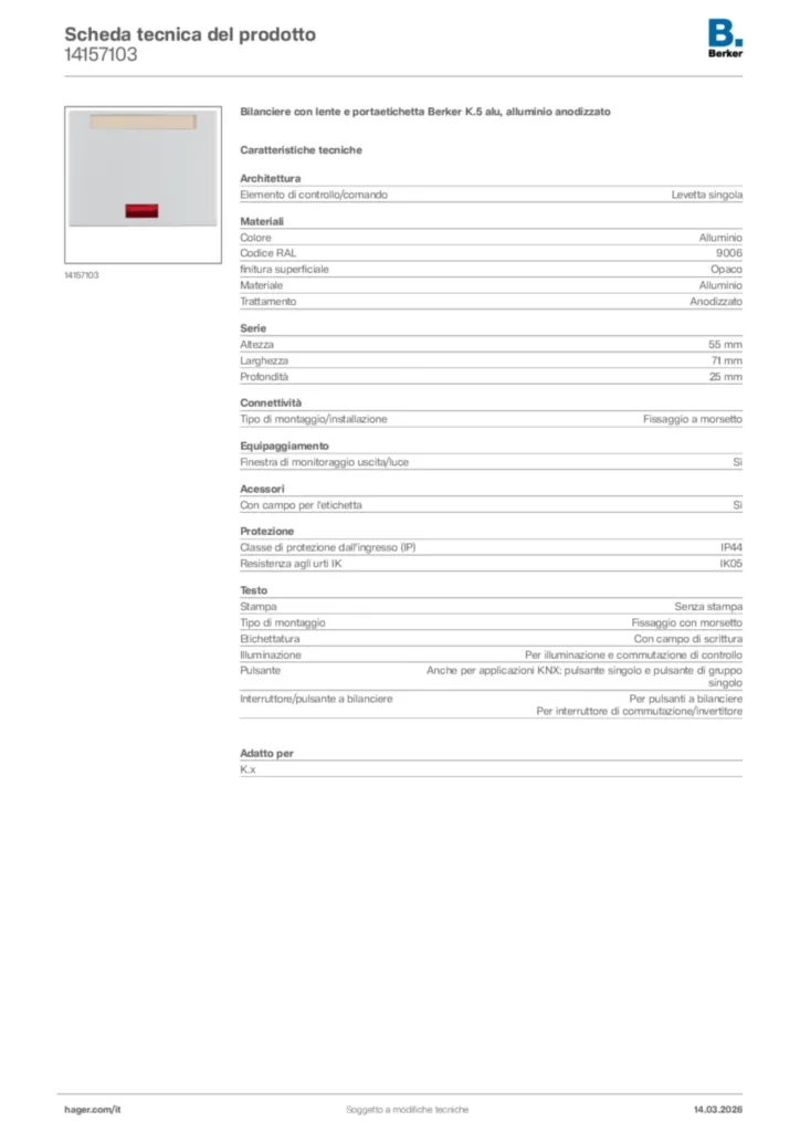 Immagine Berker Scheda tecnica del prodotto 14157103 | Hager Italia