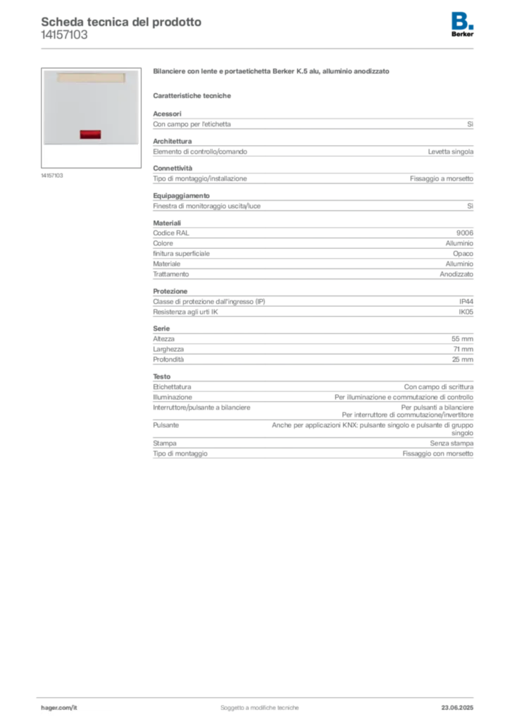 Immagine Berker Scheda tecnica del prodotto 14157103 | Hager Italia