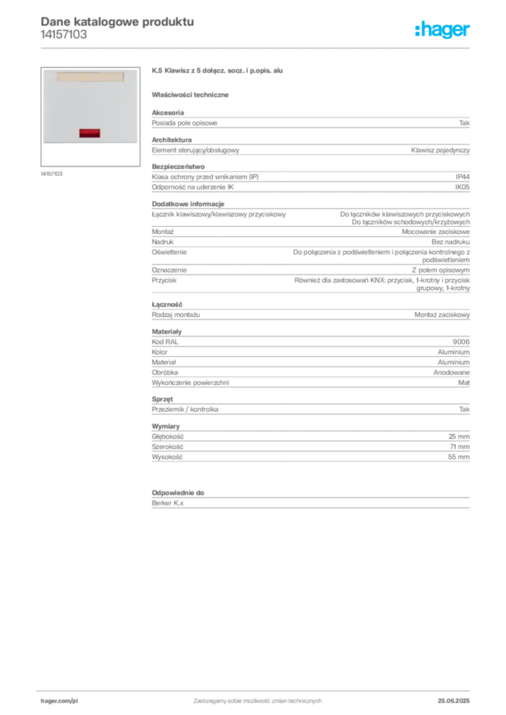 Zdjęcie Hager Karta katalogowa 14157103 | Hager Polska