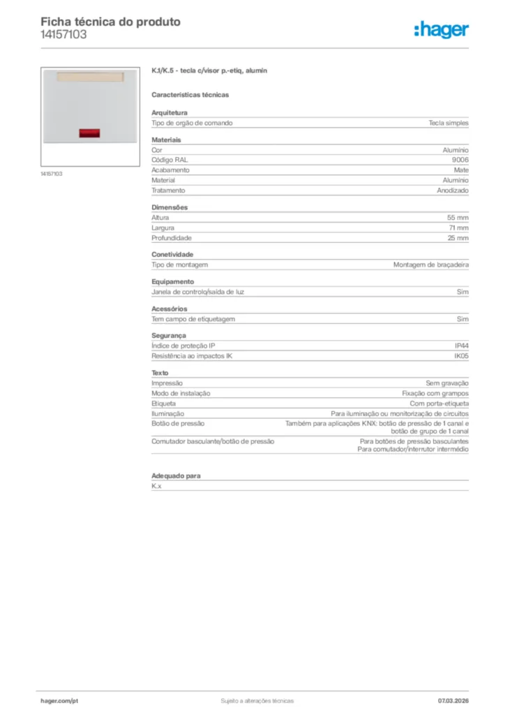 Imagem Hager Ficha técnica do produto 14157103 | Hager Portugal