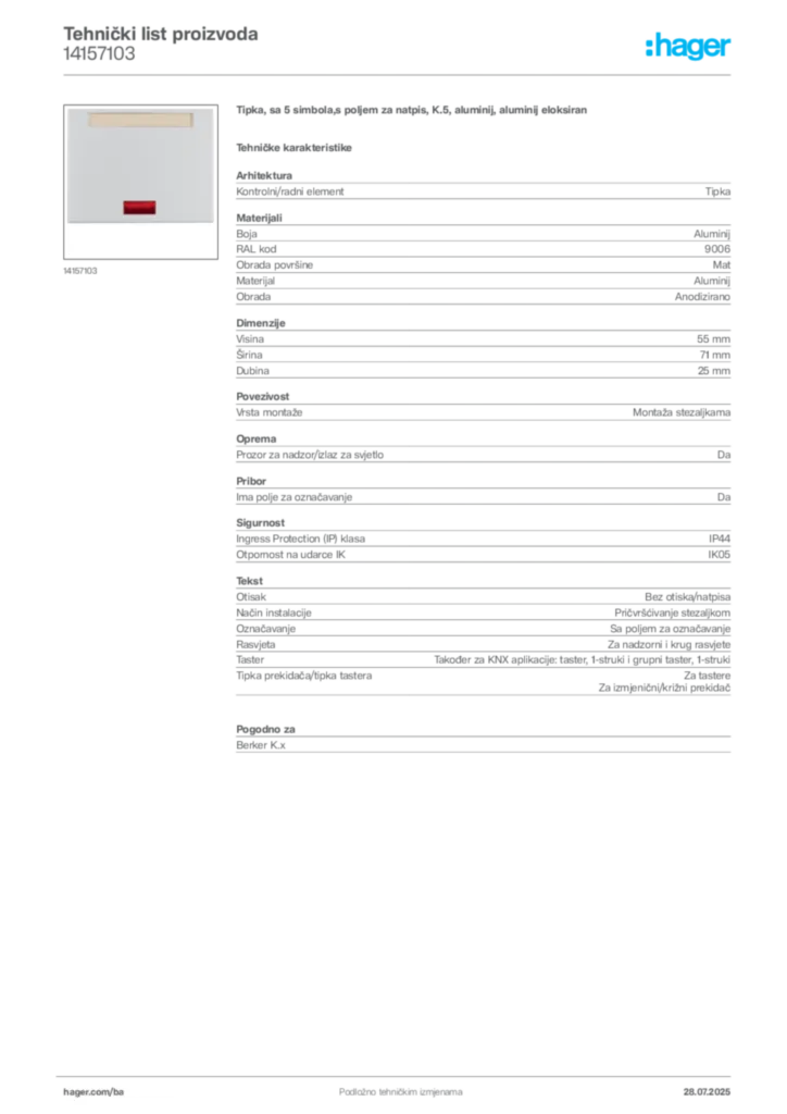 Slika Hager Product data sheet 14157103  | Hager