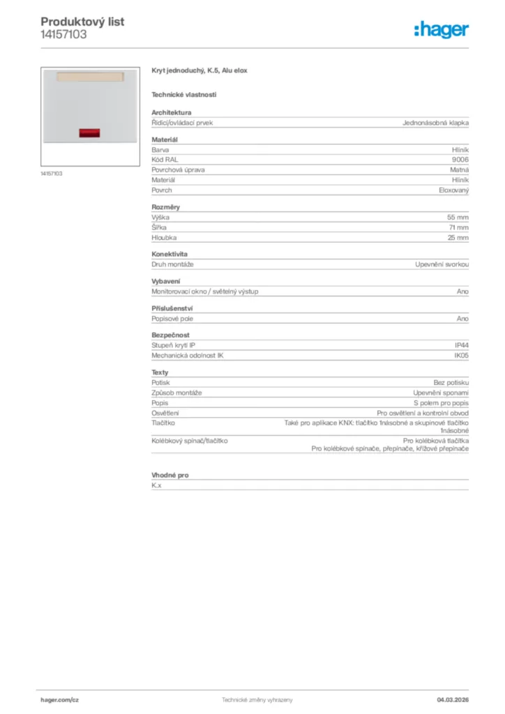 Obrázek Hager Product data sheet 14157103 | Hager