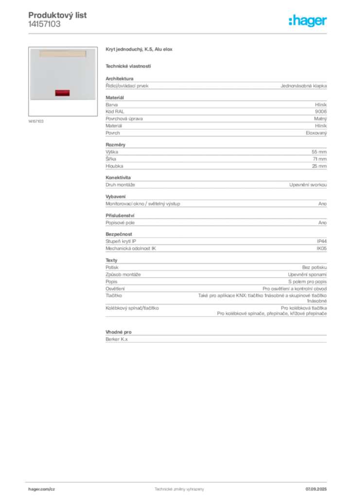 Obrázek Hager Produktový list 14157103 | Hager