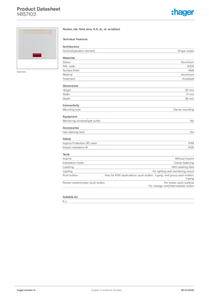 Image Hager Product data sheet 14157103  | Hager