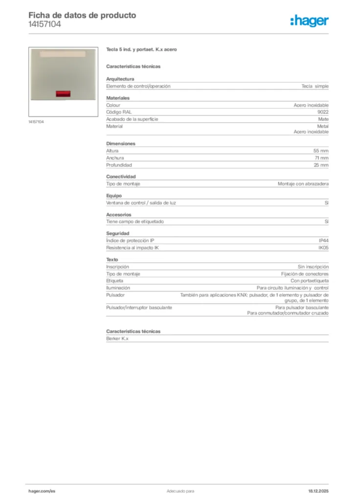 Imagen Hager Ficha de datos de producto 14157104 | Hager España