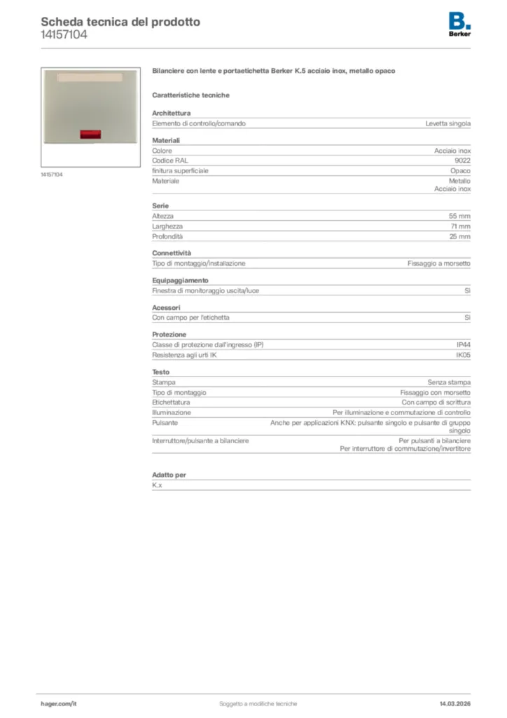 Immagine Berker Scheda tecnica del prodotto 14157104 | Hager Italia