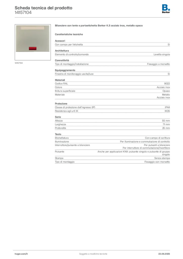 Immagine Berker Scheda tecnica del prodotto 14157104 | Hager Italia