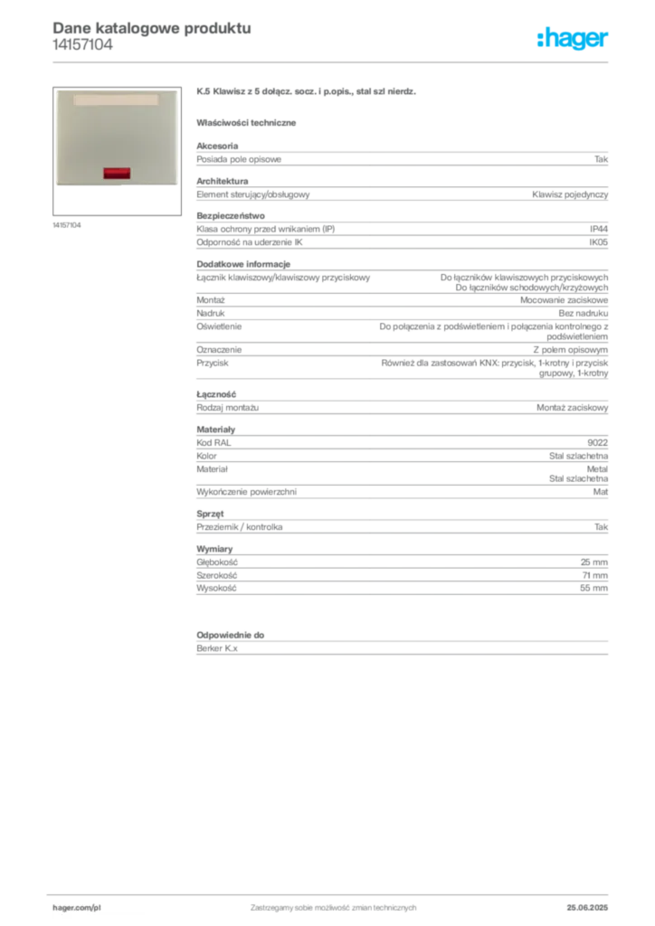 Zdjęcie Hager Karta katalogowa 14157104 | Hager Polska