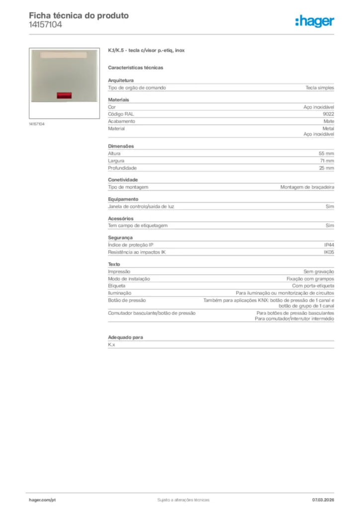 Imagem Hager Ficha técnica do produto 14157104 | Hager Portugal