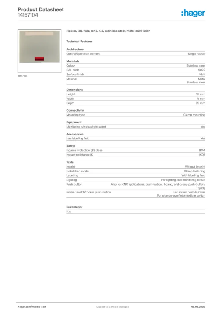 Image Hager Product data sheet 14157104  | Hager