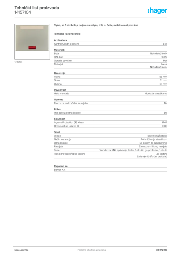 Slika Hager Product data sheet 14157104  | Hager