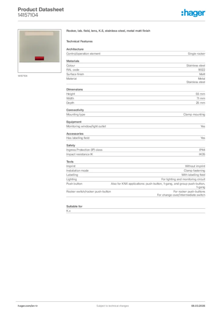 Image Hager Product data sheet 14157104  | Hager