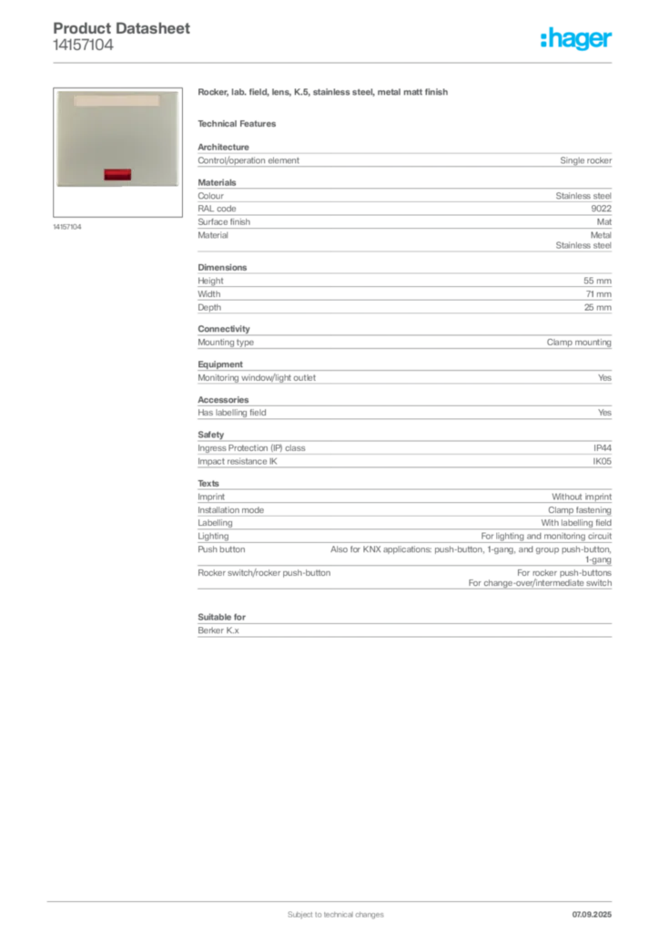 Image Hager Product data sheet 14157104  | Hager
