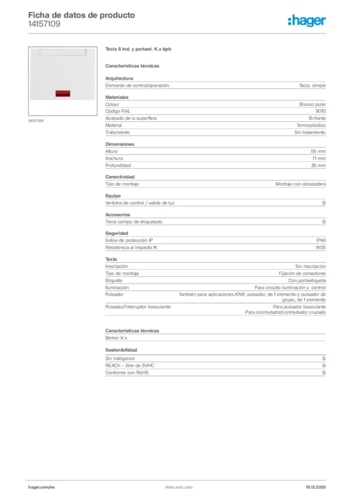 Imagen Hager Ficha de datos de producto 14157109 | Hager España
